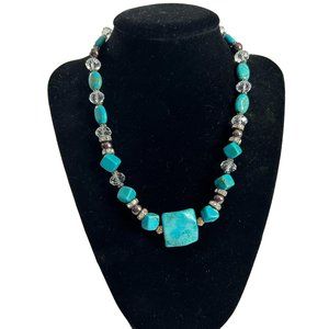 Faux Turquoise Beaded Necklace Clear Silver Tone Rhinestones 17"